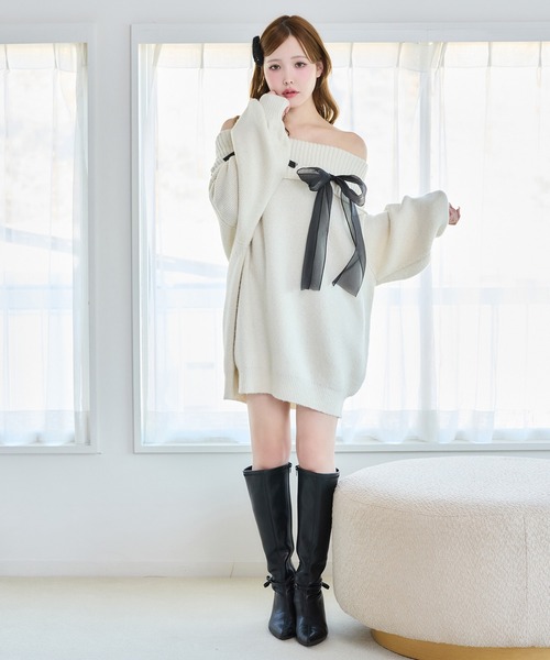 セール】リボン付きオフショルニットワンピ（ワンピース）｜one after