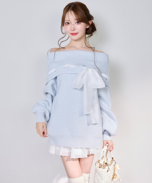 one after another NICE CLAUP(ワンアフターアナザーナイスクラップ)の「リボン付きオフショルニットワンピ(ワンピース・レディース・アイボリー/サックスブルー/チャコールグレー/ピンク・FREE)」の21枚目の写真