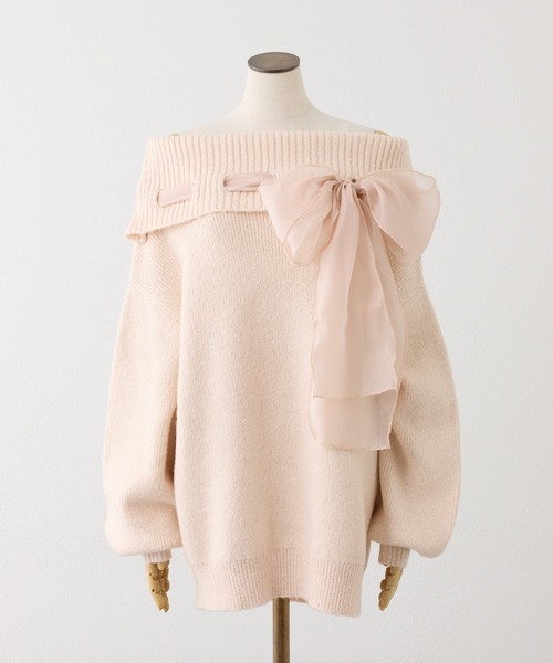 one after another NICE CLAUP(ワンアフターアナザーナイスクラップ)の「リボン付きオフショルニットワンピ(ワンピース・レディース・アイボリー/サックスブルー/チャコールグレー/ピンク・FREE)」の14枚目の写真