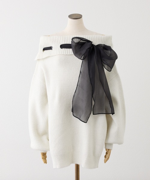 one after another NICE CLAUP(ワンアフターアナザーナイスクラップ)の「リボン付きオフショルニットワンピ(ワンピース・レディース・アイボリー/サックスブルー/チャコールグレー/ピンク・FREE)」の15枚目の写真