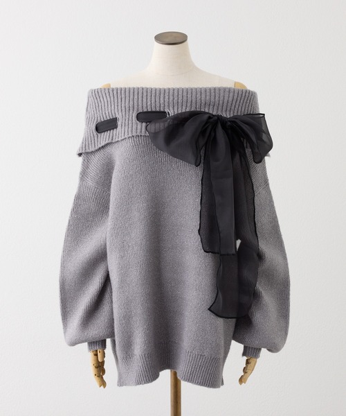 one after another NICE CLAUP(ワンアフターアナザーナイスクラップ)の「リボン付きオフショルニットワンピ(ワンピース・レディース・アイボリー/サックスブルー/チャコールグレー/ピンク・FREE)」の16枚目の写真