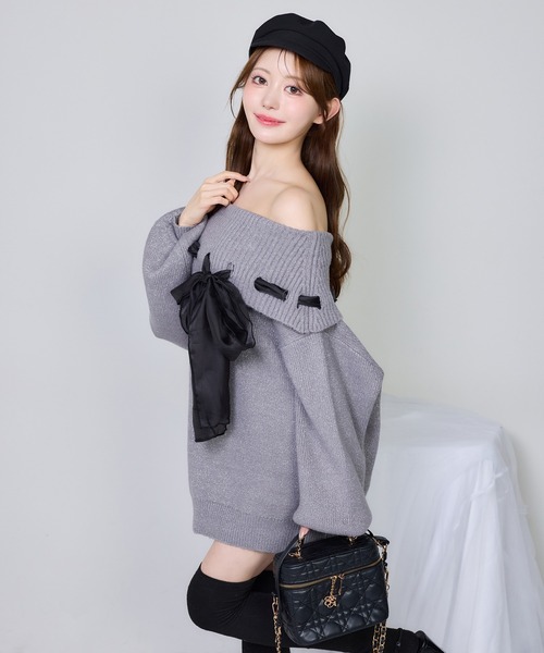 one after another NICE CLAUP(ワンアフターアナザーナイスクラップ)の「リボン付きオフショルニットワンピ(ワンピース・レディース・アイボリー/サックスブルー/チャコールグレー/ピンク・FREE)」の12枚目の写真