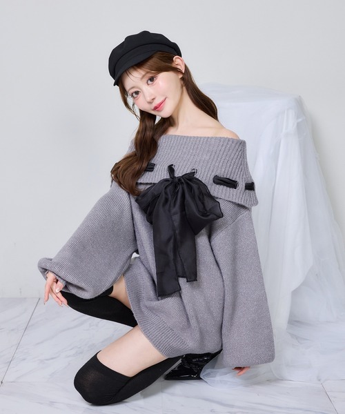 one after another NICE CLAUP(ワンアフターアナザーナイスクラップ)の「リボン付きオフショルニットワンピ(ワンピース・レディース・アイボリー/サックスブルー/チャコールグレー/ピンク・FREE)」の13枚目の写真