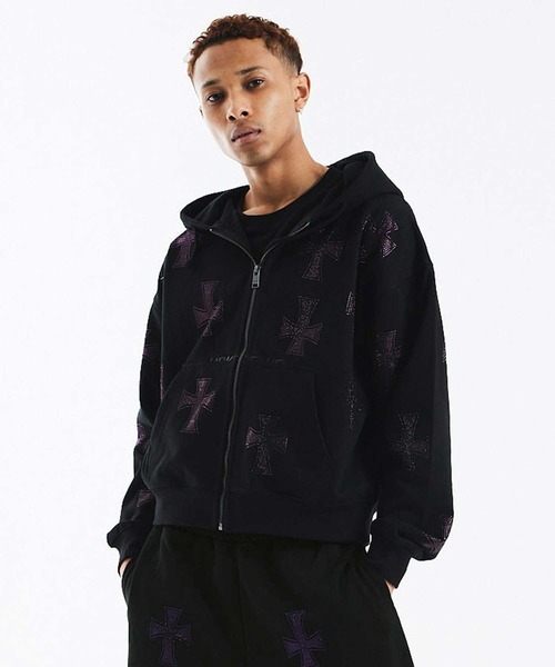 ジップフーディ｜Black x Purple Cross Rhinestone Zip Hoodie