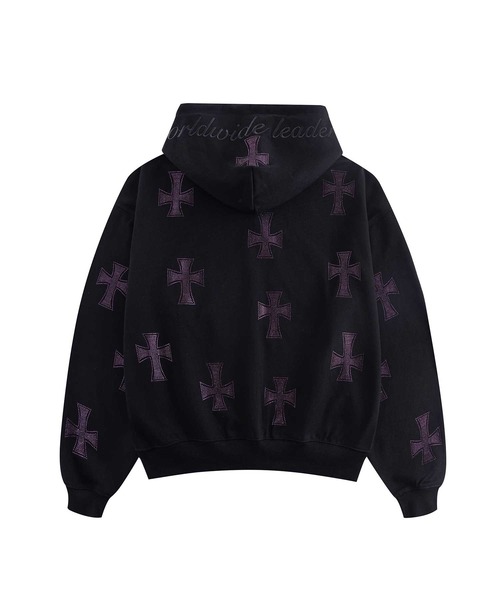 UNKNOWN LONDON(アンノウン・ロンドン)の「ジップフーディ|Black x Purple Cross Rhinestone Zip Hoodie|Unknown London(パーカー・メンズ・ブラック・SMALL/MEDIUM/LARGE/X-LARGE)」の2枚目の写真