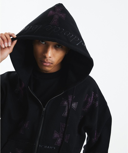 UNKNOWN LONDON(アンノウン・ロンドン)の「ジップフーディ|Black x Purple Cross Rhinestone Zip Hoodie|Unknown London(パーカー・メンズ・ブラック・SMALL/MEDIUM/LARGE/X-LARGE)」の11枚目の写真