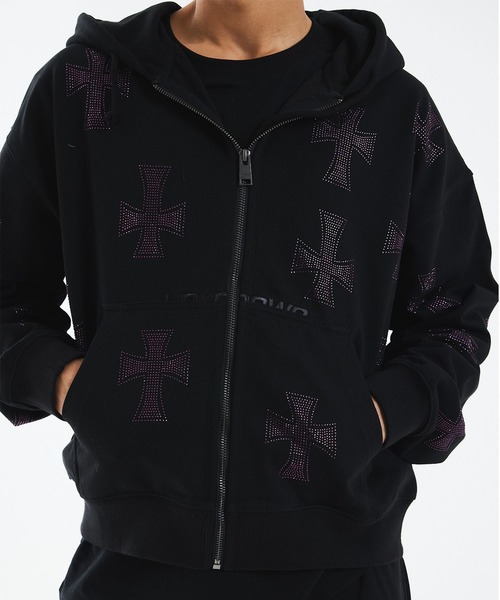 UNKNOWN LONDON(アンノウン・ロンドン)の「ジップフーディ|Black x Purple Cross Rhinestone Zip Hoodie|Unknown London(パーカー・メンズ・ブラック・SMALL/MEDIUM/LARGE/X-LARGE)」の12枚目の写真