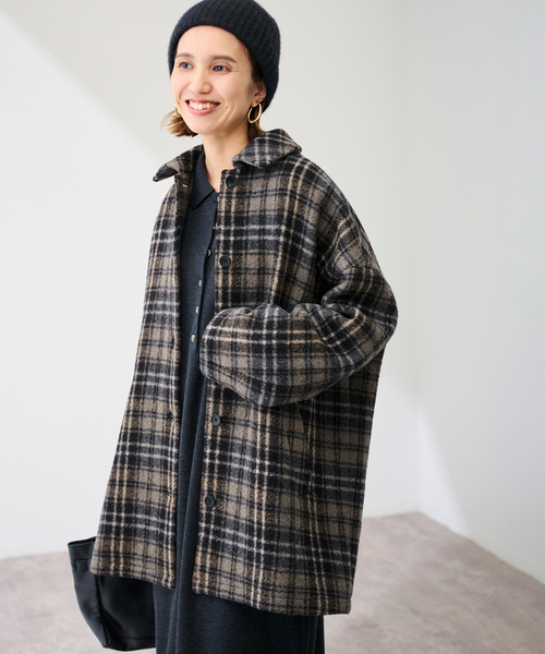 FRAMeWORK(フレームワーク)の「PRIMAチェックコート(ステンカラーコート・レディース・ブラック・36/38)」の1枚目の写真