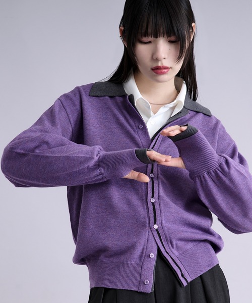 Ellno Loset（エルノロゼット）の「ダブルレイヤードポロカーディガン/フィンガーホール付き（カーディガン/ボレロ・メンズ・パープル/ブラック・SMALL/MEDIUM/LARGE）」の2枚目の写真