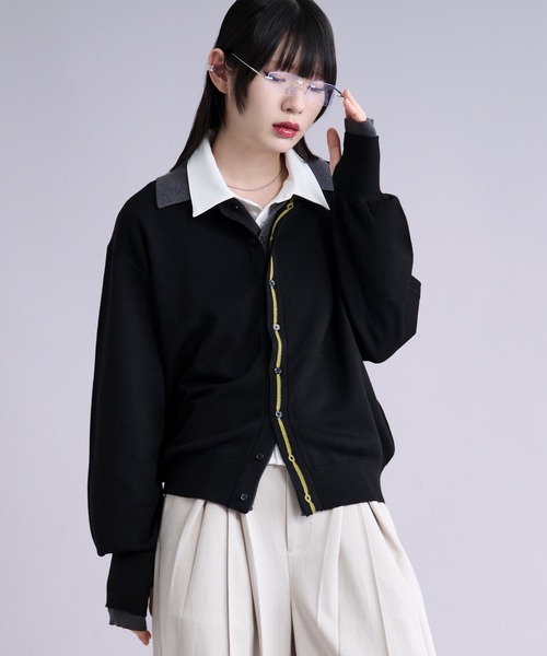 セール】ダブルレイヤードポロカーディガン/フィンガーホール付き