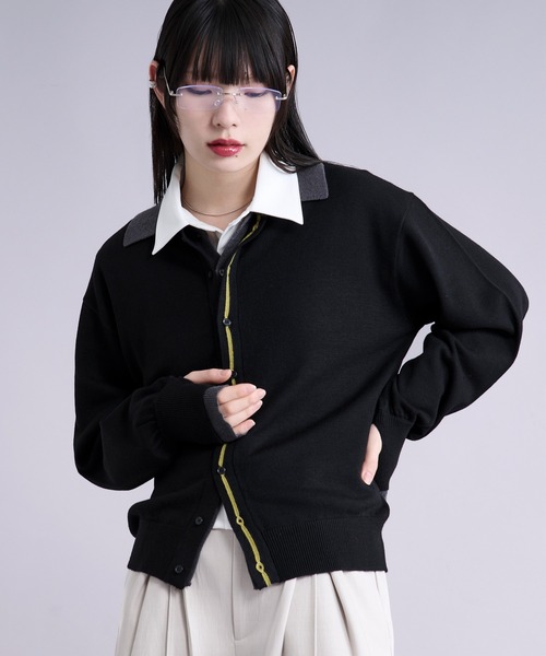 Ellno Loset（エルノロゼット）の「ダブルレイヤードポロカーディガン/フィンガーホール付き（カーディガン/ボレロ・メンズ・パープル/ブラック・SMALL/MEDIUM/LARGE）」の11枚目の写真