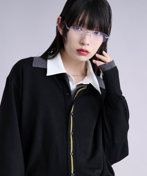 Ellno Loset（エルノロゼット）の「ダブルレイヤードポロカーディガン/フィンガーホール付き（カーディガン/ボレロ・メンズ・パープル/ブラック・SMALL/MEDIUM/LARGE）」の5枚目の写真