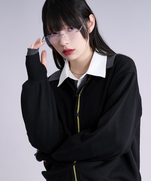 Ellno Loset（エルノロゼット）の「ダブルレイヤードポロカーディガン/フィンガーホール付き（カーディガン/ボレロ・メンズ・パープル/ブラック・SMALL/MEDIUM/LARGE）」の6枚目の写真