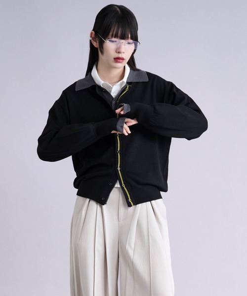 Ellno Loset（エルノロゼット）の「ダブルレイヤードポロカーディガン/フィンガーホール付き（カーディガン/ボレロ・メンズ・パープル/ブラック・SMALL/MEDIUM/LARGE）」の12枚目の写真