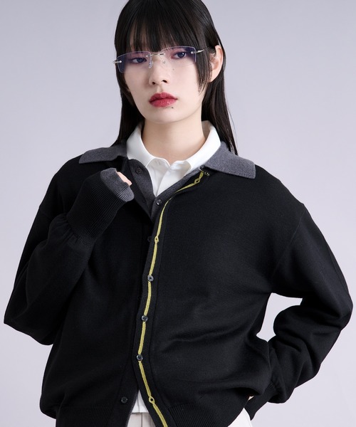 Ellno Loset（エルノロゼット）の「ダブルレイヤードポロカーディガン/フィンガーホール付き（カーディガン/ボレロ・メンズ・パープル/ブラック・SMALL/MEDIUM/LARGE）」の7枚目の写真