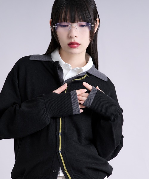 Ellno Loset（エルノロゼット）の「ダブルレイヤードポロカーディガン/フィンガーホール付き（カーディガン/ボレロ・メンズ・パープル/ブラック・SMALL/MEDIUM/LARGE）」の8枚目の写真