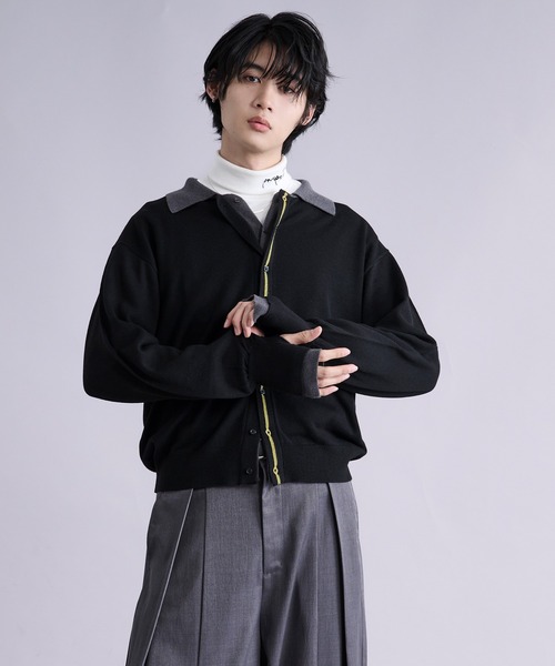 Ellno Loset（エルノロゼット）の「ダブルレイヤードポロカーディガン/フィンガーホール付き（カーディガン/ボレロ・メンズ・パープル/ブラック・SMALL/MEDIUM/LARGE）」の20枚目の写真