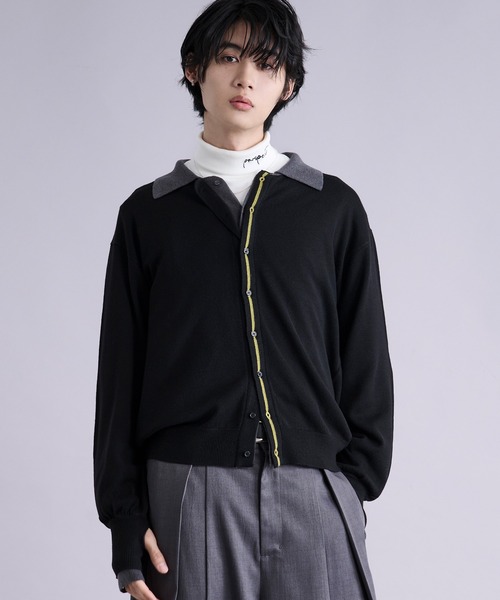 Ellno Loset（エルノロゼット）の「ダブルレイヤードポロカーディガン/フィンガーホール付き（カーディガン/ボレロ・メンズ・パープル/ブラック・SMALL/MEDIUM/LARGE）」の18枚目の写真