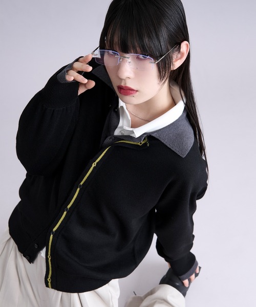 Ellno Loset（エルノロゼット）の「ダブルレイヤードポロカーディガン/フィンガーホール付き（カーディガン/ボレロ・メンズ・パープル/ブラック・SMALL/MEDIUM/LARGE）」の9枚目の写真