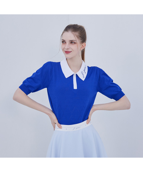 J.JANE(ジェイジェーン)の「ビビッドカラー半袖ニット (ブルー)(ニット/セーター・レディース・ブルー・S/M)」の1枚目の写真
