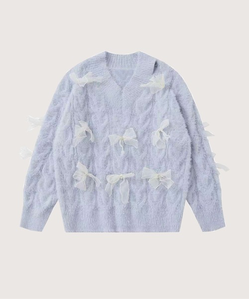 LA POMME petit(ラポミ・プチ)の「Mesh Ribbon Motif Sweater(ニット/セーター・レディース・ブルー/ブラック/レッド・MEDIUM/SMALL/X-LARGE/LARGE)」の1枚目の写真