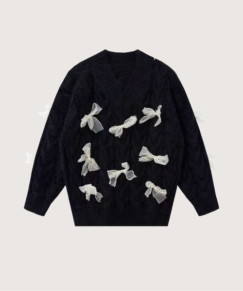 LA POMME petit(ラポミ・プチ)の「Mesh Ribbon Motif Sweater(ニット/セーター・レディース・ブルー/ブラック/レッド・MEDIUM/SMALL/X-LARGE/LARGE)」の2枚目の写真