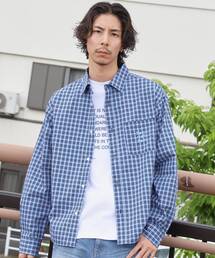 【FFEIN(フェイン)】アソートワンポイントラウンド長袖チェックシャツ / シャツ レギュラーカラー 長袖 ワンポイント 刺繍 レイヤード ポケット