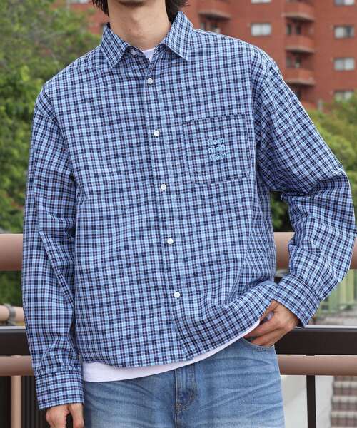 FFEIN(フェイン)の「【FFEIN(フェイン)】アソートワンポイントラウンド長袖チェックシャツ / シャツ レギュラーカラー 長袖 ワンポイント 刺繍 レイヤード ポケット(シャツ/ブラウス・メンズ・グリーン/ブルー/ダークオレンジ/ダークネイビー/レッド/パープル・X-SMALL/LARGE/MEDIUM/SMALL)」の7枚目の写真