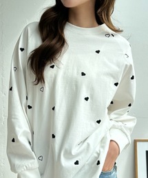 ハート刺繍 ロンT 総柄 カットソー 長袖 Tシャツ クルーネック プルオーバー クルーネック カジュアル トップス 秋 冬