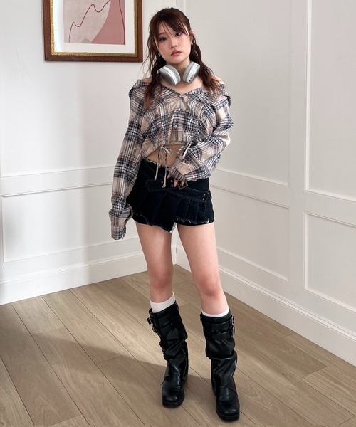 SPIRALGIRL(スパイラルガール)の「フード付きチェックトップス(シャツ/ブラウス・レディース・ブラウン/ブラック/ベージュ・FREE)」の4枚目の写真