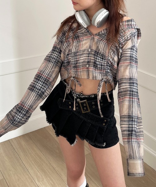 SPIRALGIRL(スパイラルガール)の「フード付きチェックトップス(シャツ/ブラウス・レディース・ブラウン/ブラック/ベージュ・FREE)」の5枚目の写真