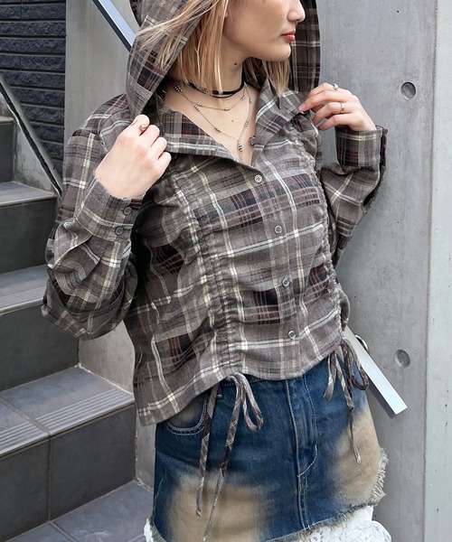 SPIRALGIRL(スパイラルガール)の「フード付きチェックトップス(シャツ/ブラウス・レディース・ブラウン/ブラック/ベージュ・FREE)」の12枚目の写真