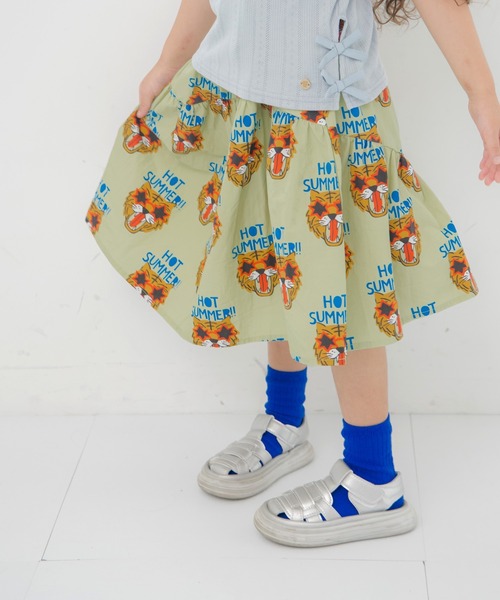 MAKE YOUR DAY(メイクユアデイ)の「文字とトラ総柄綿麻スカート■80~140cm(スカート・キッズ・マルチ/グリーン/イエロー・80/130/120/110/100/90/140)」の1枚目の写真