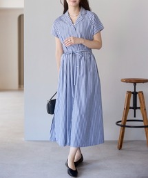 PREFERIR | 細見えストライプシャツワンピース / ウエストマーク・体型カバー・涼しい綿混・洗える・フレンチスリーブ(シャツワンピース)