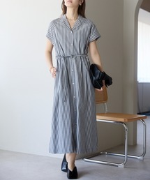 細見えストライプシャツワンピース / ウエストマーク・体型カバー・涼しい綿混・洗える・フレンチスリーブ