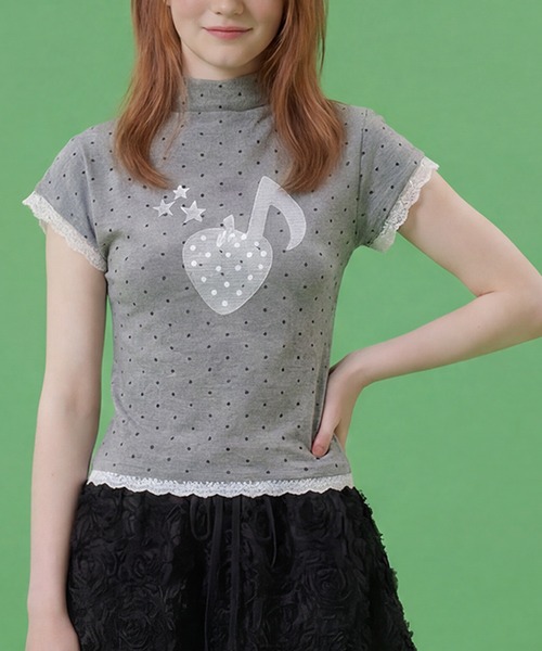 HOOK(フック)の「HOOK for girls 総ドット柄 タートルネック 半袖スリムトップス (SS)(Tシャツ/カットソー・レディース・ライトブルー/オフホワイト/グレー・FREE)」の2枚目の写真