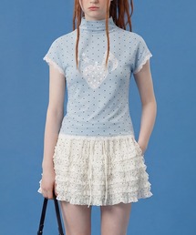 HOOK for girls 総ドット柄 タートルネック 半袖スリムトップス (SS)
