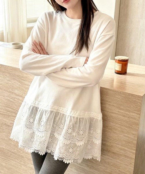 Doux Belle（ドゥーベル）の「レース切替デザイントップス（Tシャツ/カットソー・レディース・ホワイト/グレー・LARGE/MEDIUM）」の5枚目の写真