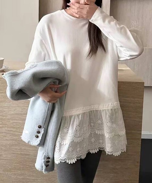 Doux Belle（ドゥーベル）の「レース切替デザイントップス（Tシャツ/カットソー・レディース・ホワイト/グレー・LARGE/MEDIUM）」の6枚目の写真