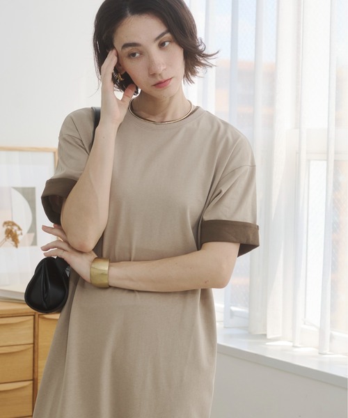 ANGIE（アンジー）の「配色 レイヤード Tシャツ ワンピース / バイカラー コットン 半袖 ワンピース / 夏服（ワンピース・レディース・ベージュ/ライトグレー/ブラック・FREE）」の20枚目の写真