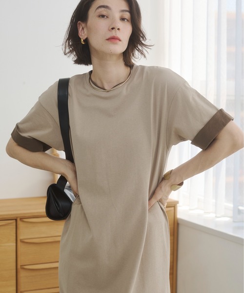 ANGIE（アンジー）の「配色 レイヤード Tシャツ ワンピース / バイカラー コットン 半袖 ワンピース / 夏服（ワンピース・レディース・ベージュ/ライトグレー/ブラック・FREE）」の19枚目の写真