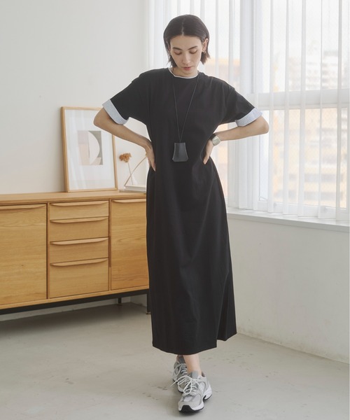 ANGIE（アンジー）の「配色 レイヤード Tシャツ ワンピース / バイカラー コットン 半袖 ワンピース / 夏服（ワンピース・レディース・ベージュ/ライトグレー/ブラック・FREE）」の10枚目の写真