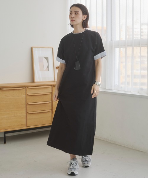 ANGIE（アンジー）の「配色 レイヤード Tシャツ ワンピース / バイカラー コットン 半袖 ワンピース / 夏服（ワンピース・レディース・ベージュ/ライトグレー/ブラック・FREE）」の9枚目の写真