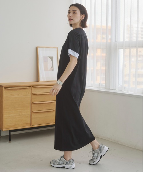 ANGIE（アンジー）の「配色 レイヤード Tシャツ ワンピース / バイカラー コットン 半袖 ワンピース / 夏服（ワンピース・レディース・ベージュ/ライトグレー/ブラック・FREE）」の8枚目の写真