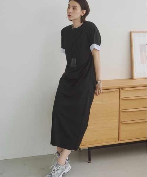 ANGIE（アンジー）の「配色 レイヤード Tシャツ ワンピース / バイカラー コットン 半袖 ワンピース / 夏服（ワンピース・レディース・ベージュ/ライトグレー/ブラック・FREE）」の6枚目の写真