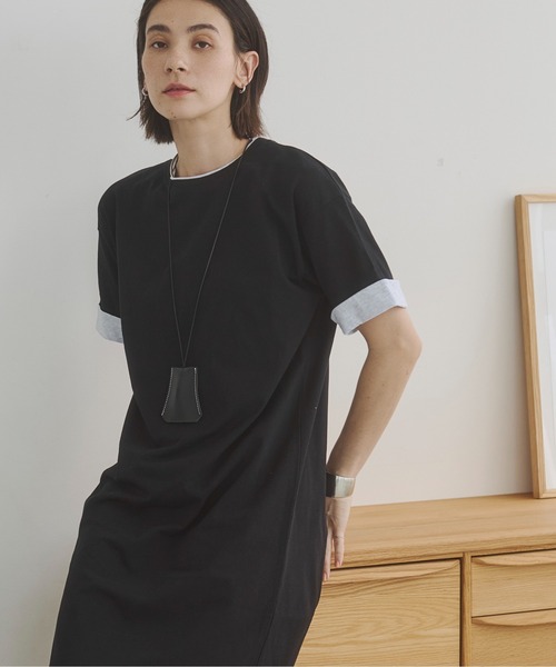 ANGIE（アンジー）の「配色 レイヤード Tシャツ ワンピース / バイカラー コットン 半袖 ワンピース / 夏服（ワンピース・レディース・ベージュ/ライトグレー/ブラック・FREE）」の5枚目の写真