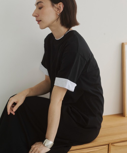 ANGIE（アンジー）の「配色 レイヤード Tシャツ ワンピース / バイカラー コットン 半袖 ワンピース / 夏服（ワンピース・レディース・ベージュ/ライトグレー/ブラック・FREE）」の4枚目の写真