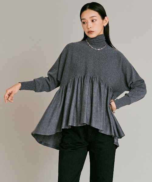 W:Huku(フーク)の「【W:Huku / ウールミックスライトニット】ペプラム トップス / Wool-Blend Lightweight Knit Peplum Top(ニット/セーター・レディース・ブラウン/チャコール/ライトグレー/ブラック・FREE)」の3枚目の写真