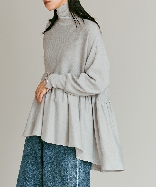 W:Huku(フーク)の「【W:Huku / ウールミックスライトニット】ペプラム トップス / Wool-Blend Lightweight Knit Peplum Top(ニット/セーター・レディース・ブラウン/チャコール/ライトグレー/ブラック・FREE)」の2枚目の写真