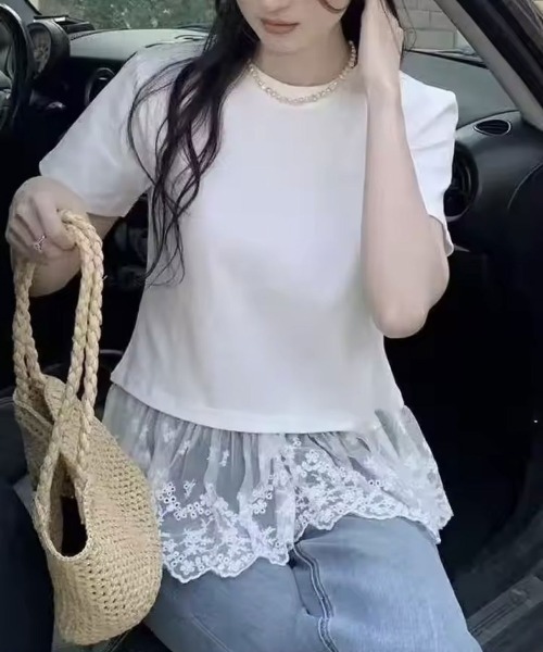 ammy.(エイミードット)の「【 ammy. / エイミードット 】 レースペプラム ドッキング Tシャツ(Tシャツ/カットソー・レディース・ブラック/ホワイト・FREE)」の3枚目の写真